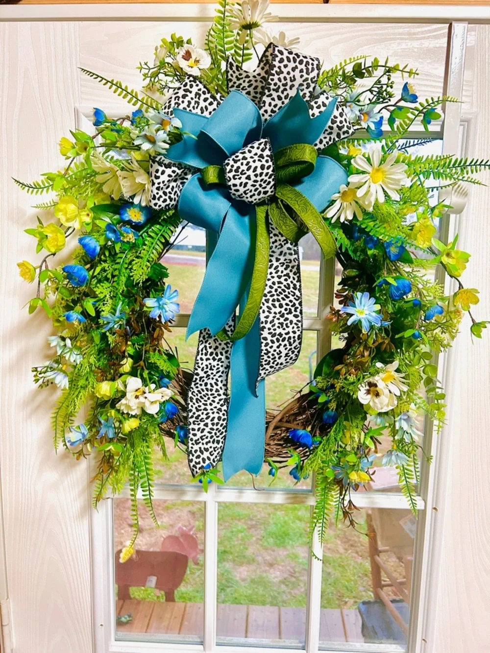 Handmade Spring Floral Wreath with Teal and Leopard print Bow